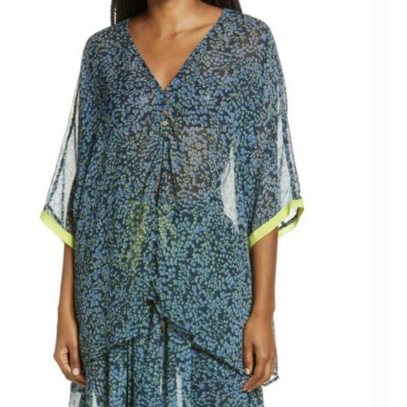Free People Sleepin In Printed Shirt S Blue Kimono Cover Up Sheer Boho Relaxed - Picture 1 of 9